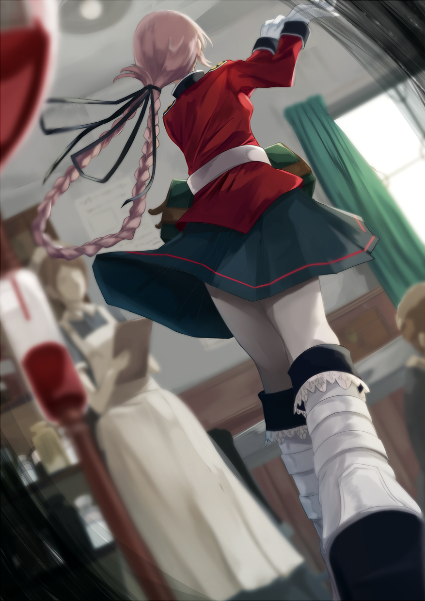 adjusting_clothes adjusting_gloves boots braid curtains fate/grand_order fate_(series) florence_nightingale_(fate/grand_order) folded_ponytail from_behind gloves highres hospital igakusei indoors jacket military military_uniform multiple_girls nurse pantyhose pink_hair pleated_skirt red_jacket single_braid skirt uniform walking white_footwear white_gloves white_legwear
