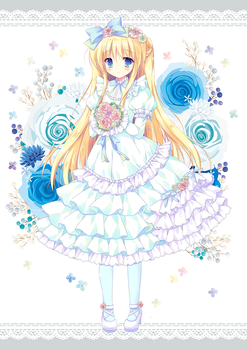 arm_garter bangs blonde_hair blue_bow blue_eyes blue_legwear blue_ribbon blush bouquet bow closed_mouth commentary_request dress eyebrows_visible_through_hair floral_background flower frilled_dress frills green_dress hair_between_eyes hair_bow hair_flower hair_ornament hairband hasekura_chiaki holding holding_bouquet juliet_sleeves lace_border lolita_fashion lolita_hairband long_hair long_sleeves looking_at_viewer original pantyhose pigeon-toed puffy_sleeves ribbon shoes sidelocks smile solo standing very_long_hair white_background white_footwear
