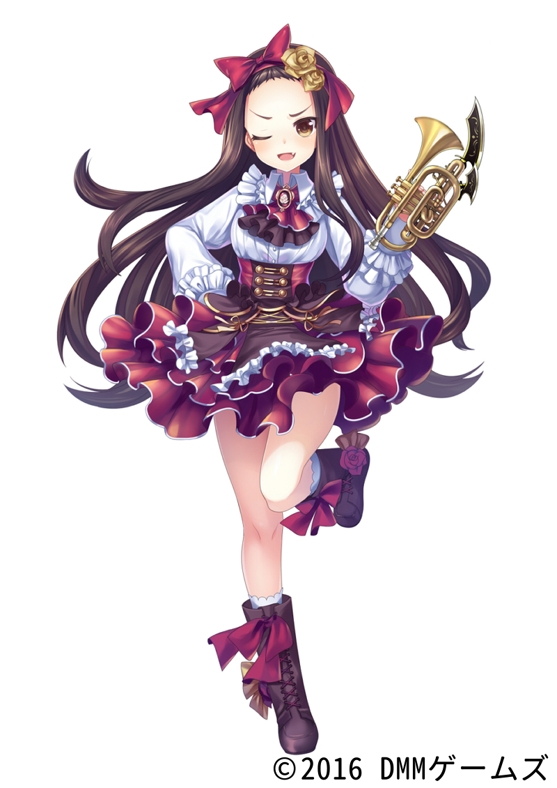 ;d bow brown_eyes brown_footwear brown_hair flower frilled_skirt frills girls_symphony hair_bow hair_flower hair_ornament hand_on_hip instrument long_hair looking_at_viewer matatabi_maru official_art one_eye_closed open_mouth paulette_(girls_symphony) pink_bow red_skirt skirt smile solo standing standing_on_one_leg trumpet weaponized_instrument