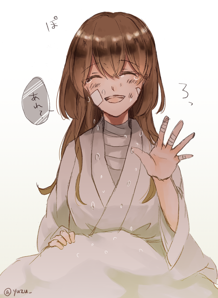 alternate_costume alternate_hairstyle bandaged_fingers bandages blanket blush brown_hair closed_eyes commentary_request crying dirty_face eyebrows_visible_through_hair hair_between_eyes hair_down ise_(kantai_collection) japanese_clothes kantai_collection kimono long_hair open_mouth simple_background smile solo tears teeth translated twitter_username waving yuzu_(kimagure_kankitsurui)