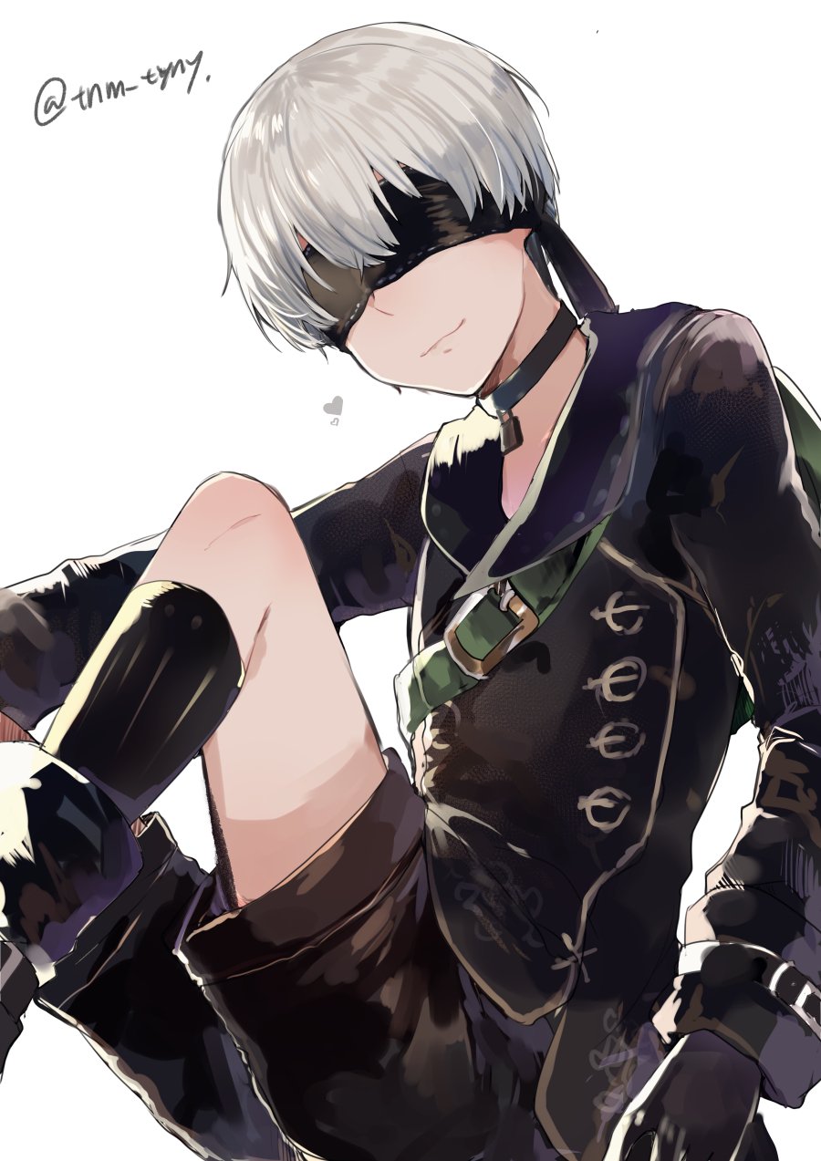 belt black_footwear black_gloves black_jacket black_legwear black_shorts blindfold boots closed_mouth commentary_request covered_eyes facing_viewer feet_out_of_frame gloves grey_hair heart highres ikeuchi_tanuma jacket male_focus nier_(series) nier_automata shorts simple_background sitting smile socks solo white_background yorha_no._9_type_s