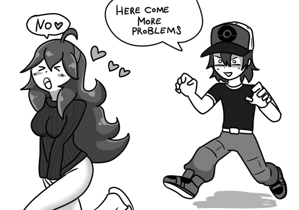 &gt;_&lt; 1boy 1girl ahoge belt between_legs blush bottomless chasing covering_crotch english eyes_closed full_body greyscale hand_between_legs hands_together hands_up hat headband heart hex_maniac_(pokemon) long_hair long_sleeves monochrome npc_trainer open_mouth pants pokemon pokemon_(game) pokemon_xy putry ribbed_sweater running shirt shoes short_hair short_sleeves simple_background slippers smile speech_bubble spoken_heart sweater talking text v_arms white_background