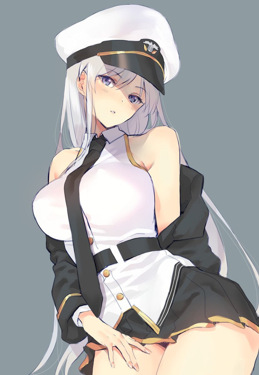 azur_lane bangs bare_shoulders belt black_coat black_neckwear breasts buttons commentary_request cowboy_shot detached_sleeves enterprise_(azur_lane) eyebrows_visible_through_hair eyes_visible_through_hair grey_background hair_between_eyes hand_on_own_thigh hat head_tilt large_breasts lavender_eyes long_hair looking_at_viewer miniskirt natsuhiko necktie off_shoulder parted_lips peaked_cap pleated_skirt shirt sidelocks silver_hair simple_background skirt sleeveless sleeveless_shirt solo very_long_hair wing_collar