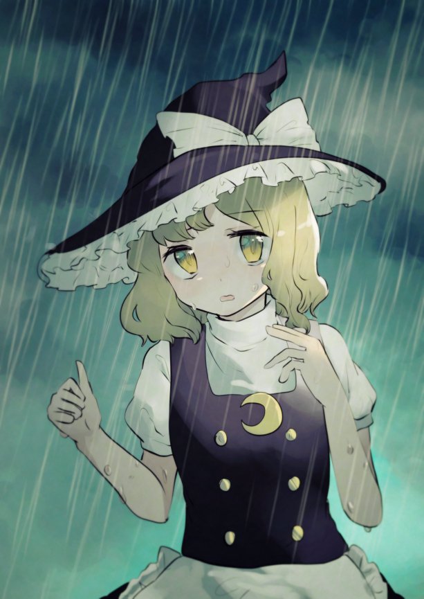 apron bangs black_skirt black_vest blonde_hair bow cloud cloudy_sky crescent crescent_moon_pin hands_up hat hat_bow head_tilt hitchhiking kirisame_marisa rain reflective_eyes short_hair short_sleeves shukinuko skirt sky solo touhou turtleneck upper_body vest waist_apron wet white_bow witch_hat yellow_eyes