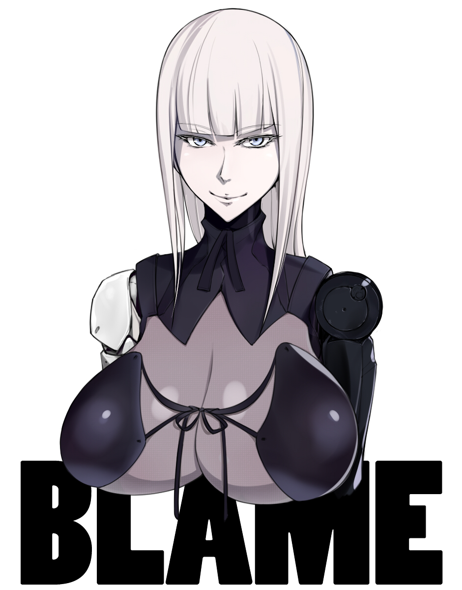 bangs blame! blue_eyes blunt_bangs breasts cibo copyright_name cyborg highres huge_breasts long_hair looking_at_viewer pale_skin robot_joints shoujo_donburi silver_hair simple_background smile white_background