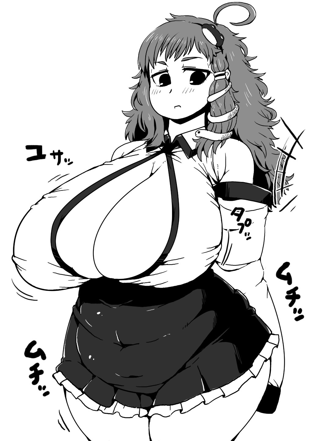 bangs blush breast_expansion breasts cowboy_shot detached_sleeves expressionless fat frog_hair_ornament greyscale hair_ornament hair_scrunchie hairband highres huge_breasts ichigo_kotou kochiya_sanae laughing long_hair messy_hair miniskirt monochrome plump scrunchie shiny shiny_hair shirt short_eyebrows skirt sleeveless sleeveless_shirt snake_hair_ornament solo standing thick_thighs thighs touhou wide_hips