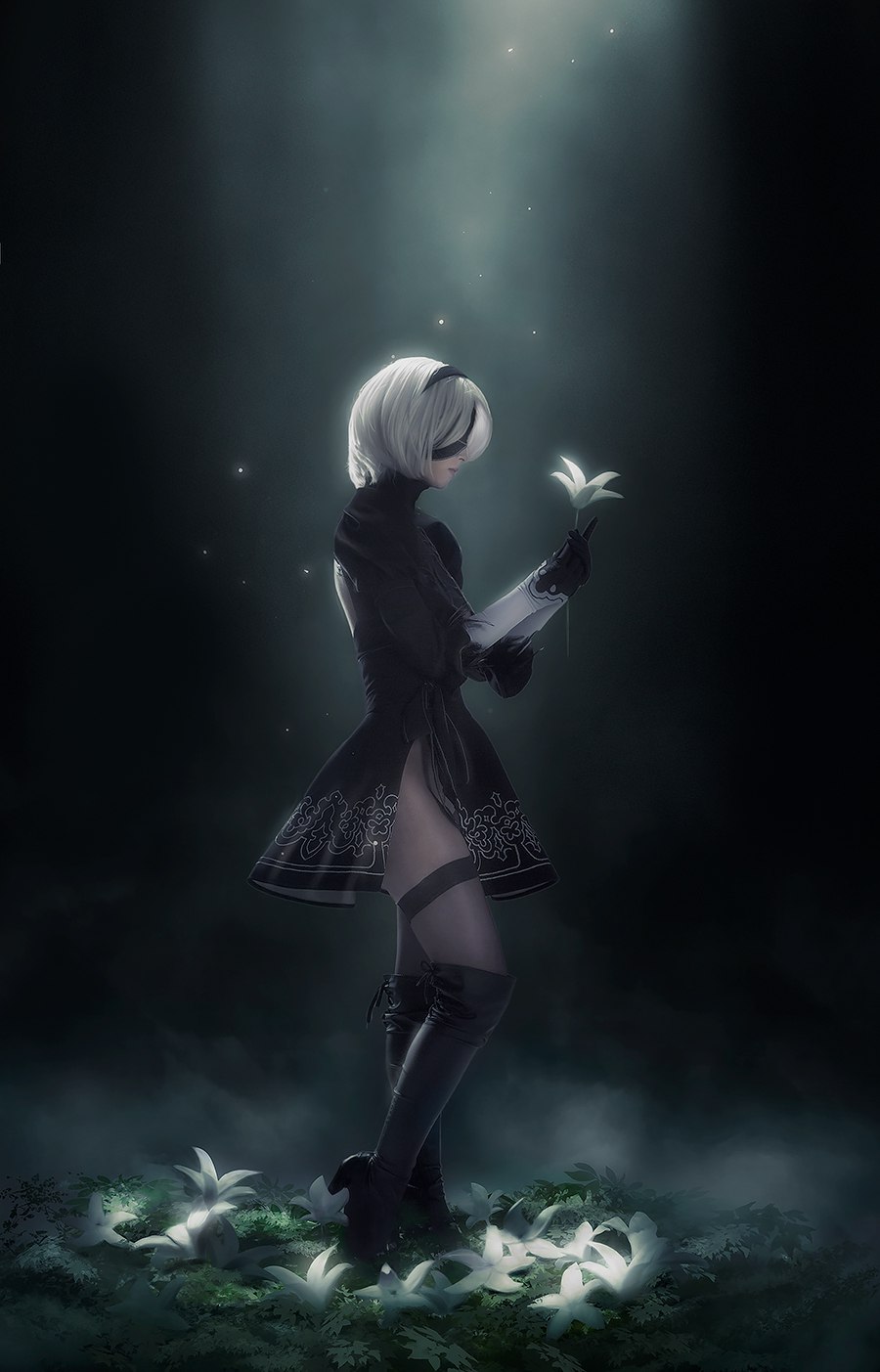 black_background black_dress black_footwear black_gloves black_hairband black_legwear blindfold boots closed_mouth commentary cosplay covered_eyes dress flower fog from_side full_body gloves hairband highres holding holding_flower knee_boots light_particles lips lunar_tear nier_(series) nier_automata pantyhose profile short_hair side_slit silver_hair solo standing thighband_pantyhose white_flower yorha_no._2_type_b