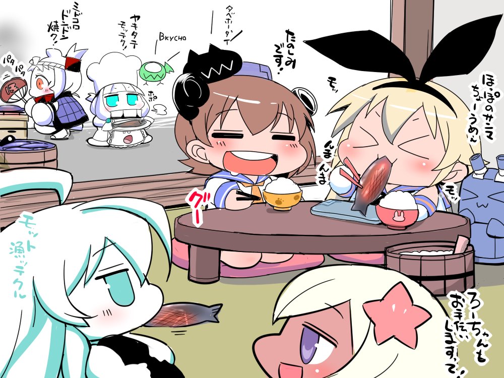 &gt;_&lt; :3 ahoge animal_ears aqua_eyes bangs blonde_hair blue_eyes blunt_bangs bowl brown_hair bunny_ears chef_hat chibi chopsticks cloak closed_eyes collar comic commentary_request cushion dress eating elbow_gloves enemy_aircraft_(kantai_collection) fake_animal_ears fan fish flower folded_ponytail food_in_mouth fur_trim gloves grilling hachimaki hair_between_eyes hair_flower hair_ornament hairband happi hat headband headgear holding holding_chopsticks holding_plate horns i-class_destroyer japanese_clothes kantai_collection long_hair mittens multiple_girls nejiri_hachimaki northern_ocean_hime northern_water_hime open_mouth paper_fan partially_translated plate rensouhou-chan rice rice_bowl ro-500_(kantai_collection) sailor_dress sako_(bosscoffee) saury shimakaze_(kantai_collection) shinkaisei-kan sidelocks sitting sitting_on_head sitting_on_person smile submarine_hime table tan translation_request white_hair x3 yukikaze_(kantai_collection)