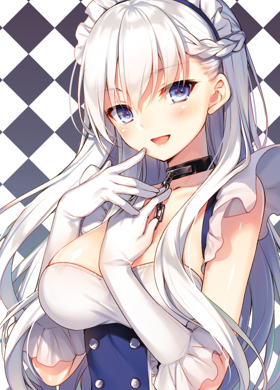 azur_lane bangs belfast_(azur_lane) blue_eyes blush braid breasts chain checkered checkered_background collar collarbone commentary dress elbow_gloves eyebrows_visible_through_hair french_braid gloves headdress highres long_hair looking_at_viewer medium_breasts open_mouth silver_hair simple_background sleeveless sleeveless_dress smile solo toosaka_asagi upper_body white_gloves