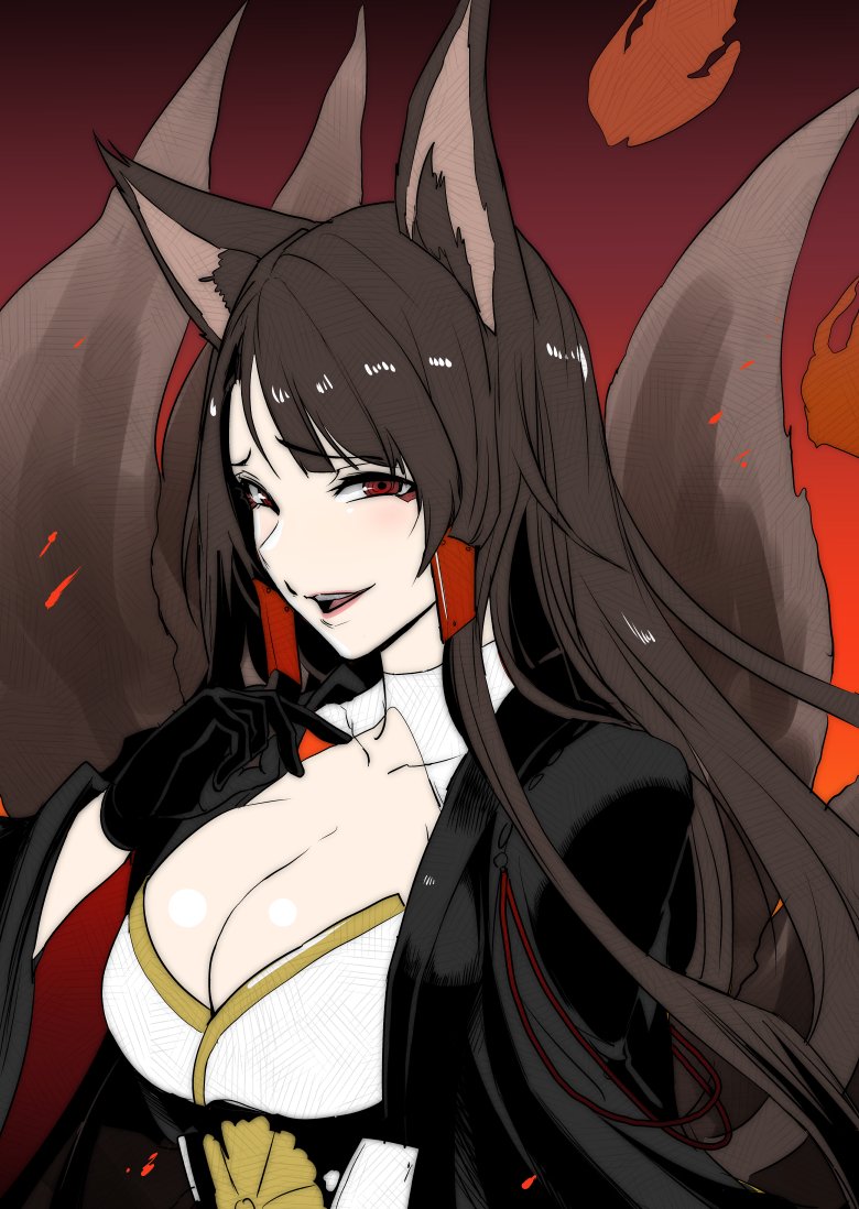 akagi_(azur_lane) animal_ears azur_lane bangs black_gloves black_hair blush breasts clash_kuro_neko cleavage commentary_request eyebrows_visible_through_hair fire fox_ears fox_tail gloves japanese_clothes large_breasts long_hair looking_at_viewer multiple_tails open_mouth red_eyes shiny shiny_hair shiny_skin smile solo tail wide_sleeves