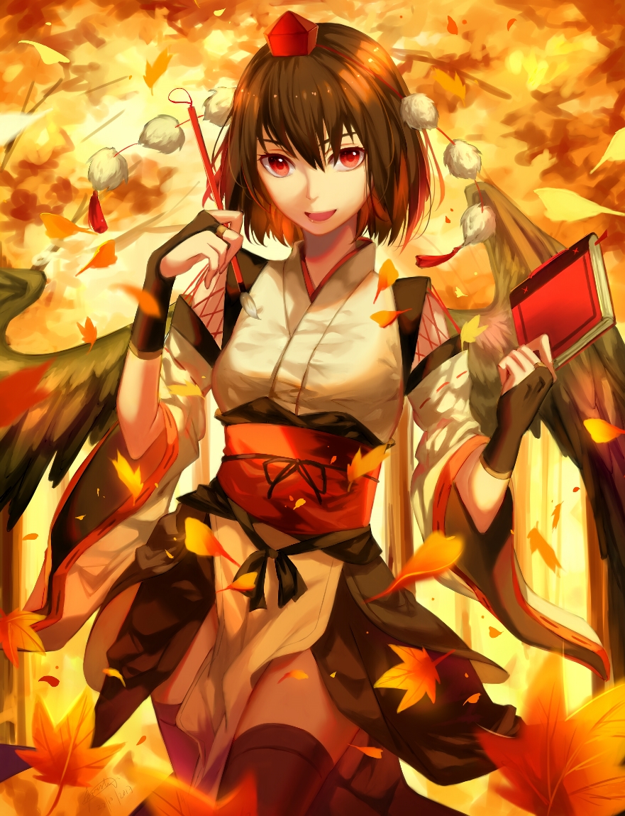 autumn_leaves black_gloves black_hair black_legwear black_skirt black_wings book bridal_gauntlets calligraphy_brush commentary_request day feathered_wings gloves hat kourindou_tengu_costume looking_at_viewer miniskirt outdoors paintbrush pom_pom_(clothes) red_eyes sash shameimaru_aya skirt smile solo thighhighs tokin_hat touhou wings ze_xia