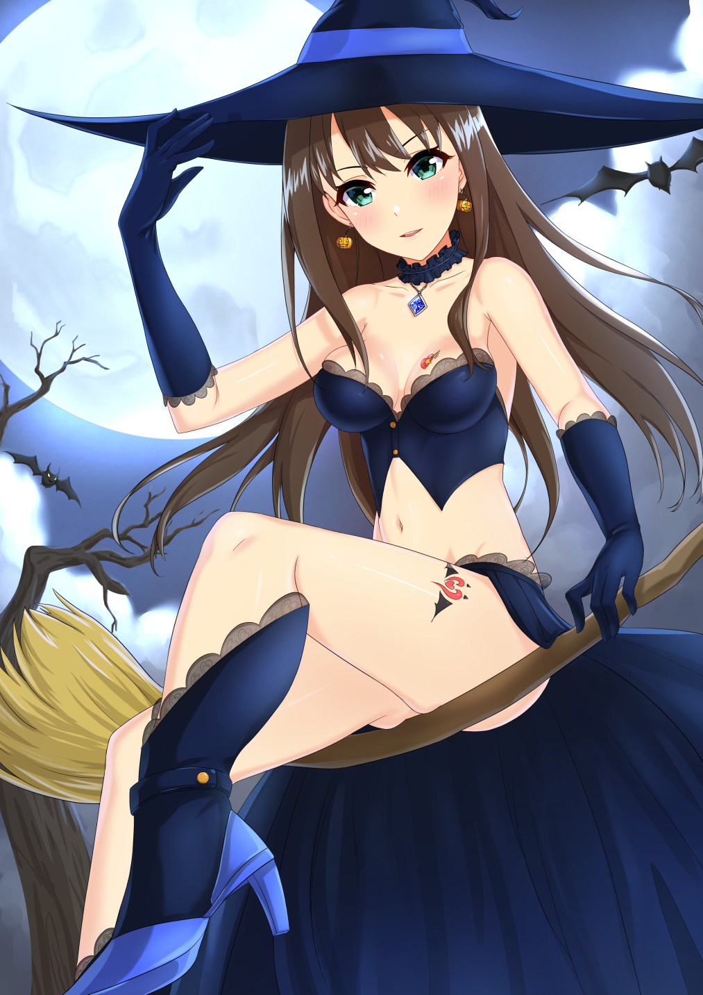 ankle_boots bat blush breast_tattoo breasts broom broom_riding brown_hair bustier choker cleavage dress earrings gloves green_eyes hat high_heel_boots high_heels idolmaster idolmaster_cinderella_girls lace long_hair medium_breasts moon pendant shibuya_rin smile tattoo witch witch_hat