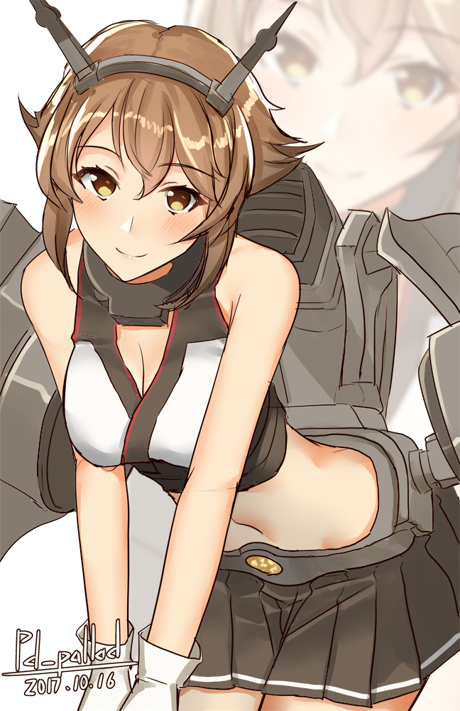 bangs bare_shoulders black_skirt blush breasts brown_eyes brown_hair cleavage closed_mouth collar dated eyebrows_visible_through_hair flipped_hair gloves hair_between_eyes headgear kantai_collection leaning_forward looking_at_viewer medium_breasts miniskirt mutsu_(kantai_collection) navel pallad pleated_skirt rigging short_hair skirt smile smokestack solo striped striped_skirt turret twitter_username white_background white_gloves zoom_layer
