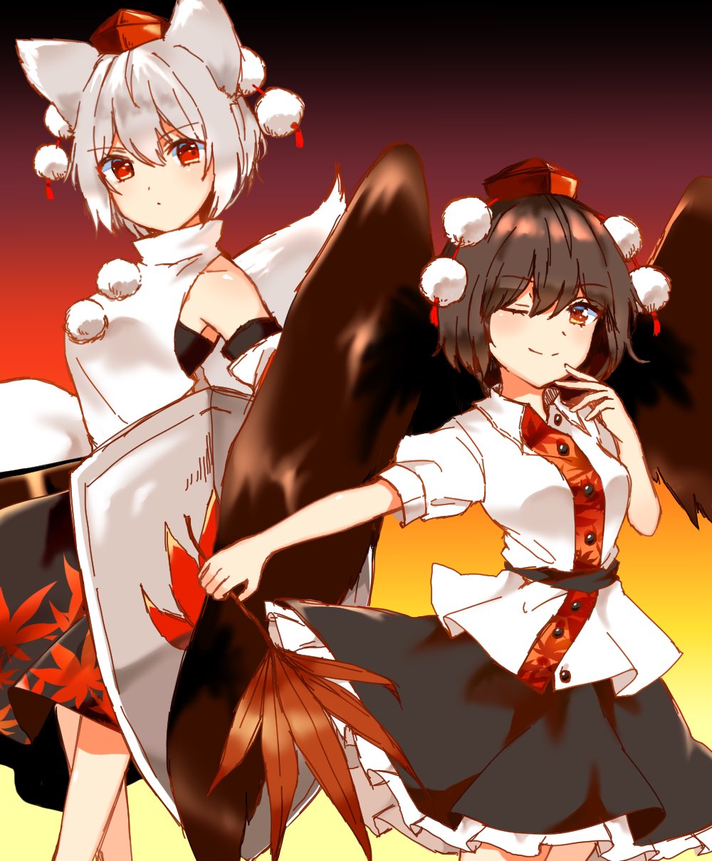 &gt;:( ;) animal_ears bare_shoulders blush breasts brown_eyes brown_hair commentary_request detached_sleeves feather_fan frown hat highres inubashiri_momiji looking_at_viewer medium_breasts multiple_girls one_eye_closed pom_pom_(clothes) red_eyes serious shameimaru_aya shield short_hair silver_hair skirt smile tail tokin_hat touhou v-shaped_eyebrows wings wolf_ears wolf_tail yururi_nano
