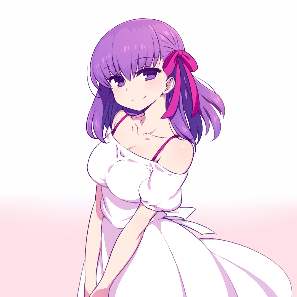 bangs bare_shoulders blush bra_strap breasts chan_co cleavage closed_mouth dress eyebrows_visible_through_hair fate/stay_night fate_(series) from_side gradient gradient_background hair_between_eyes hair_ribbon large_breasts long_hair matou_sakura pink_background puffy_short_sleeves puffy_sleeves purple_eyes purple_hair purple_ribbon ribbon short_sleeves smile solo standing v_arms white_dress