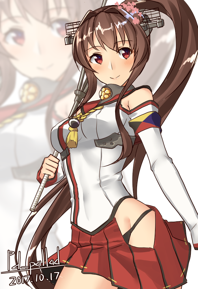 armband black_panties brown_hair cherry_blossoms dated detached_sleeves flower hair_flower hair_ornament headgear hip_vent kantai_collection long_hair miniskirt pallad panties pleated_skirt ponytail red_eyes red_skirt skirt solo twitter_username underwear very_long_hair yamato_(kantai_collection) zoom_layer