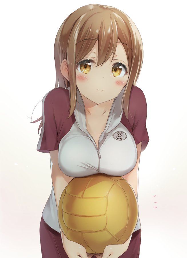 ball bangs blush breasts brown_eyes brown_hair closed_mouth commentary_request eyes_visible_through_hair gym_uniform hair_between_eyes holding holding_ball kunikida_hanamaru large_breasts long_hair looking_at_viewer love_live! love_live!_sunshine!! micopp short_sleeves simple_background smile solo sportswear volleyball volleyball_uniform white_background yellow_eyes zipper