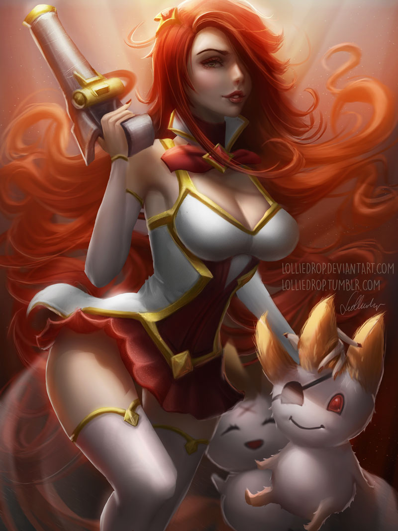 1girl alternate_costume alternate_hairstyle bare_shoulders breasts cleavage detached_sleeves dress green_eyes gun hair_ornament hair_over_one_eye handgun large_breasts league_of_legends lipstick lolliedrop long_hair looking_at_viewer magical_girl orange_hair pistol sarah_fortune short_dress solo star star_guardian_miss_fortune thigh_boots