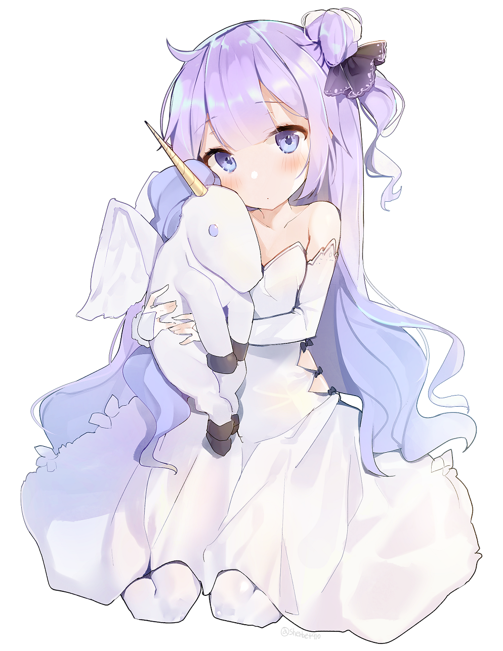 artist_name azur_lane bare_shoulders blue_eyes detached_sleeves dress flat_chest highres long_hair looking_at_viewer one_side_up purple_hair sabet_(young_ouo) simple_background sitting sleeves_past_wrists solo strapless strapless_dress stuffed_alicorn stuffed_animal stuffed_toy unicorn_(azur_lane) wariza white_background white_dress white_legwear