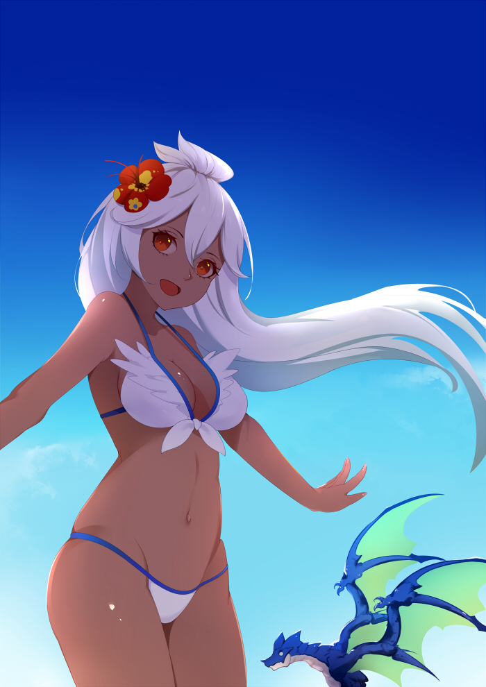 :d bad_id bad_pixiv_id bikini breasts cloud commentary_request cowboy_shot dark_skin day dragon floating_hair flower granblue_fantasy groin hair_between_eyes hair_flower hair_ornament halterneck head_tilt hibiscus long_hair medium_breasts navel open_mouth outdoors outstretched_arms red_eyes shito_zhizhen sky smile standing strap_gap swimsuit very_long_hair white_bikini white_hair zooey_(granblue_fantasy)