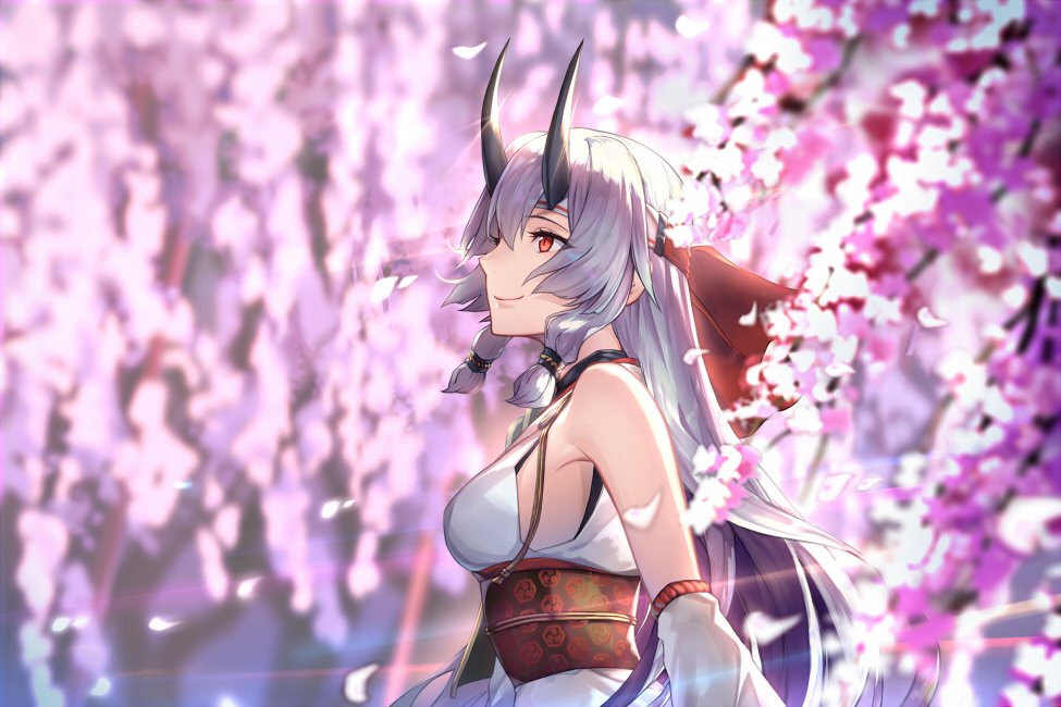 bare_shoulders cherry_blossoms day detached_sleeves essual_(layer_world) fate/grand_order fate_(series) headband horns japanese_clothes long_hair looking_up petals red_eyes silver_hair smile solo tomoe_gozen_(fate/grand_order) tree