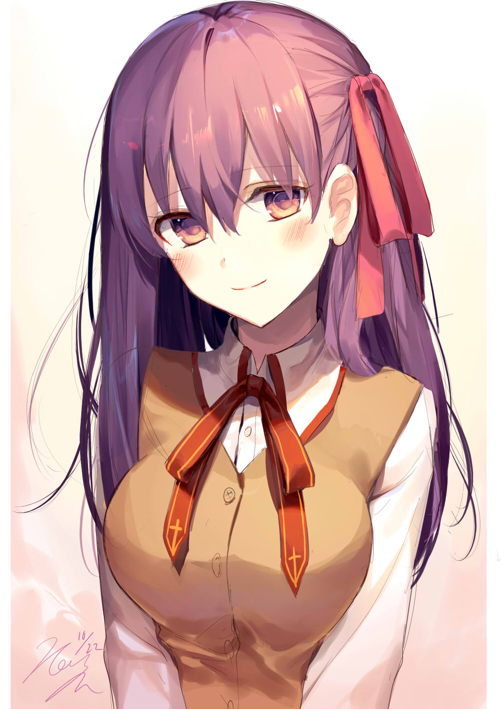 artist_name bangs blush breasts closed_mouth commentary dated eyebrows_visible_through_hair fate/stay_night fate_(series) hair_between_eyes hair_ribbon highres kouyafu large_breasts light_smile long_hair looking_at_viewer matou_sakura purple_eyes purple_hair purple_ribbon ribbon signature smile solo upper_body vest
