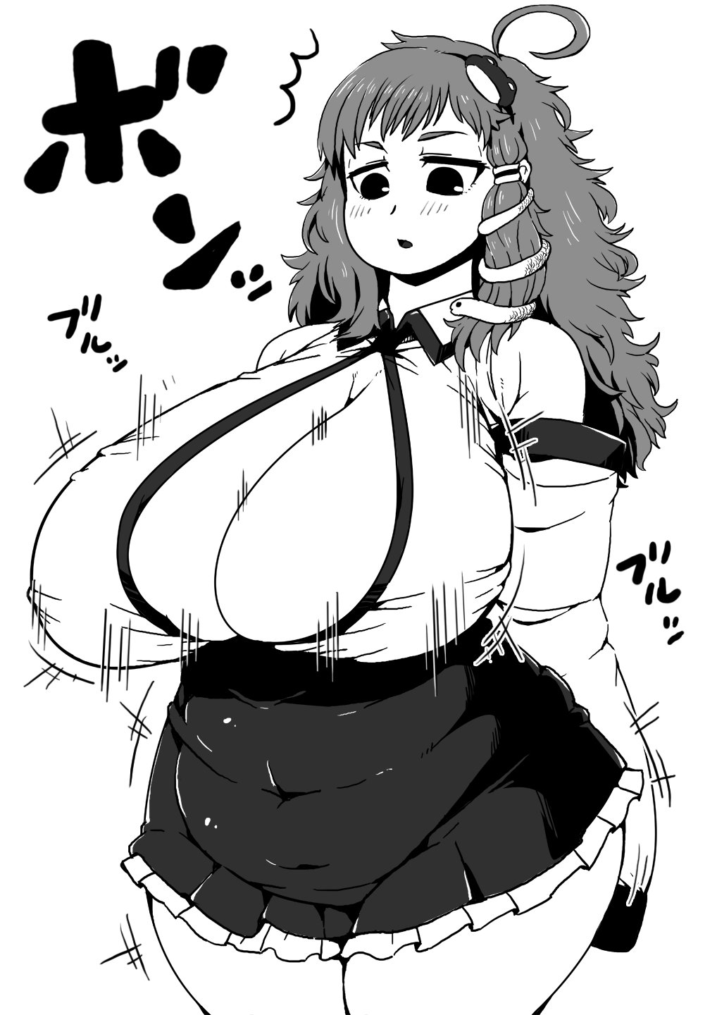 bangs blush breast_expansion breasts cowboy_shot detached_sleeves expressionless fat frog_hair_ornament greyscale hair_ornament hair_scrunchie hairband highres huge_breasts ichigo_kotou kochiya_sanae long_hair messy_hair miniskirt monochrome motion_lines open_mouth plump scrunchie shiny shiny_hair shirt short_eyebrows skirt sleeveless sleeveless_shirt snake_hair_ornament solo standing surprised thick_thighs thighs touhou wide_hips
