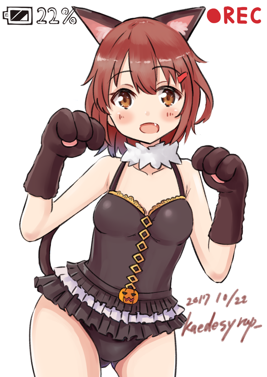 alternate_costume animal_ears black_leotard brown_eyes brown_hair cat_ears cat_tail cowboy_shot dated fang frilled_leotard frills gloves hair_ornament hairclip highres ikazuchi_(kantai_collection) jack-o'-lantern kaede_shiroppu kantai_collection leotard looking_at_viewer paw_gloves paw_pose paws recording short_hair simple_background solo tail twitter_username white_background