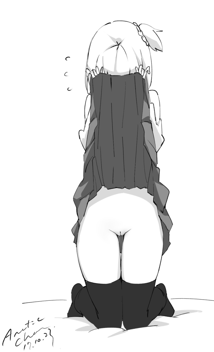 artist_name bangs covering_face dated embarrassed flying_sweatdrops full_body greyscale highres kneeling lifted_by_self monochrome no_panties original pussy shirt simple_background skirt skirt_lift solo tabata_hisayuki thighhighs white_background