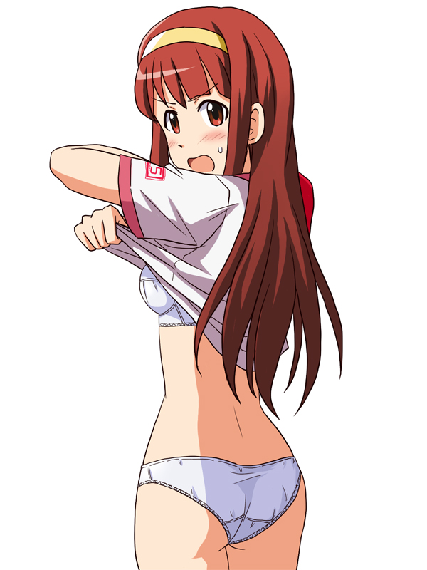 ass bangs blonde_hair blue_bra blue_panties blush bra brown_eyes brown_hair commentary_request cowboy_shot crotch_seam hairband idolmaster idolmaster_million_live! idolmaster_million_live!_theater_days lielos long_hair looking_at_viewer looking_back open_mouth panties shirt shirt_lift short_sleeves simple_background solo standing sweatdrop t-shirt tanaka_kotoha underwear undressing white_background white_shirt yellow_hairband