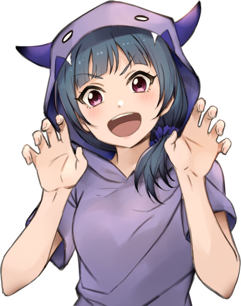 :d bangs blue_hair claw_pose eyebrows_visible_through_hair hair_ornament hair_scrunchie hood hooded_pajamas horns keita_(kta0) looking_at_viewer love_live! love_live!_sunshine!! low_ponytail open_mouth pajamas purple_pajamas purple_scrunchie red_eyes scrunchie simple_background smile solo tsushima_yoshiko upper_body v-shaped_eyebrows white_background