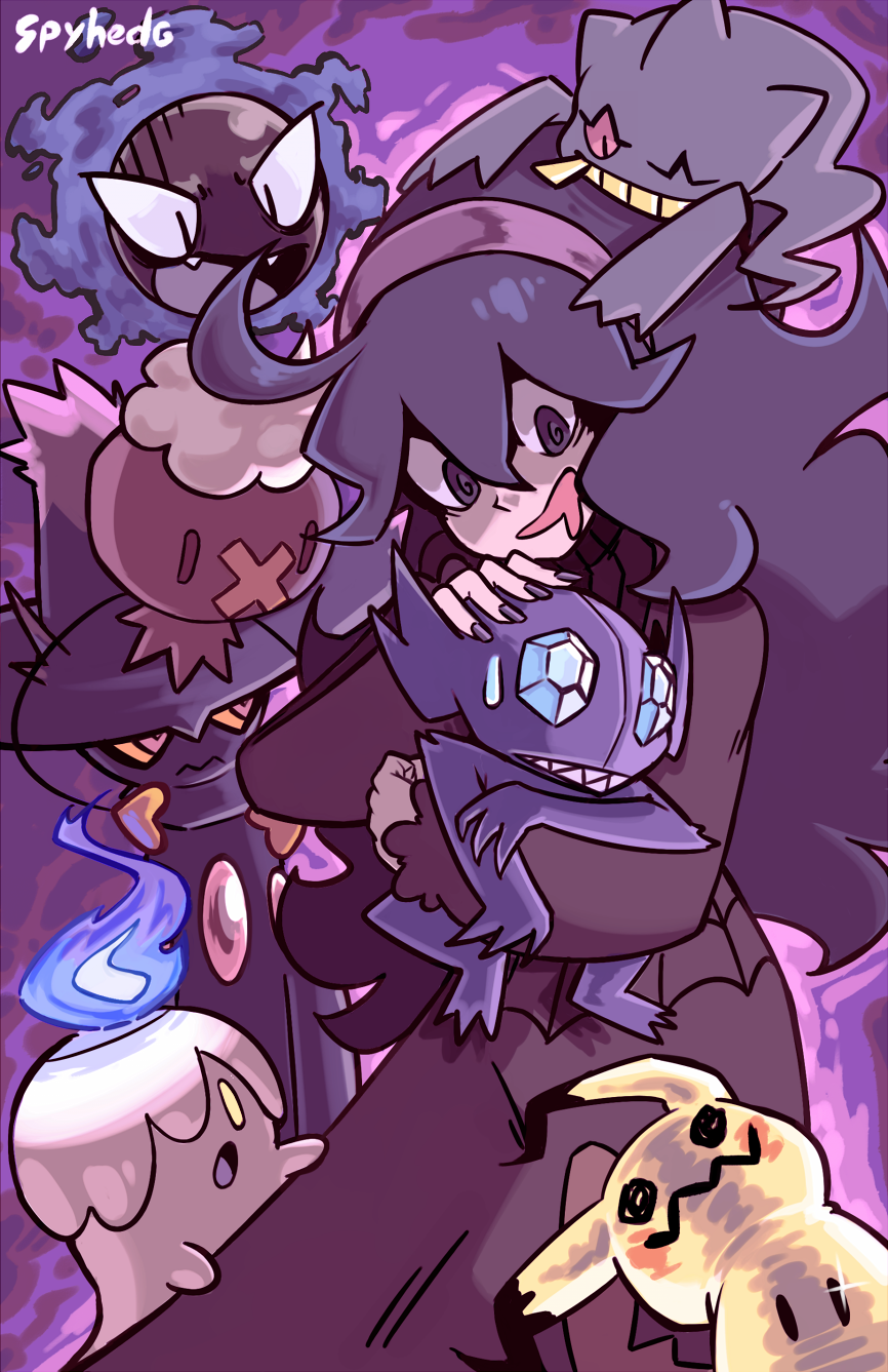 1girl @_@ ahoge al_bhed_eyes animal_ears artist_name banette black_eyes blush_stickers crystal dress drifloon fangs fire floating gastly gem hands_up headband hex_maniac_(pokemon) litwick long_hair long_sleeves looking_down looking_to_the_side matching_hair/eyes mimikyu mismagius nail_polish npc_trainer one_eye_closed open_mouth pokemon pokemon_(creature) pokemon_(game) pokemon_dppt pokemon_rgby pokemon_rse pokemon_sm pokemon_xy purple_background purple_eyes purple_hair red_eyes red_sclera sableye sharp_teeth signature simple_background spyhedg standing sweat tail teeth text turtleneck turtleneck_dress wavy_mouth yellow_eyes yellow_sclera
