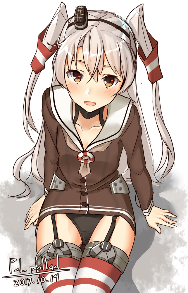 amatsukaze_(kantai_collection) arm_support artist_name black_panties brown_dress brown_eyes choker cowboy_shot dated dress fang garter_straps gloves hair_tubes hat kantai_collection long_hair looking_at_viewer mini_hat pallad panties red_legwear sailor_collar sailor_dress short_dress silver_hair sitting solo striped striped_legwear thighhighs two_side_up underwear white_gloves windsock