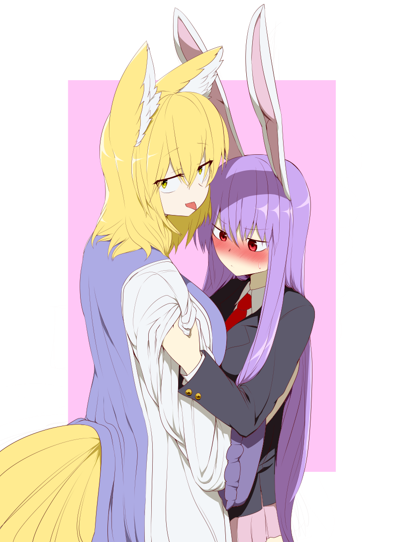 :p animal_ears blonde_hair breasts bunny_ears commentary_request cover cover_page fox_ears fox_tail large_breasts long_hair long_sleeves looking_at_another looking_at_breasts looking_at_viewer mizuga multiple_girls multiple_tails necktie purple_hair reisen_udongein_inaba tabard tail tongue tongue_out touhou very_long_hair yakumo_ran yellow_eyes yuri