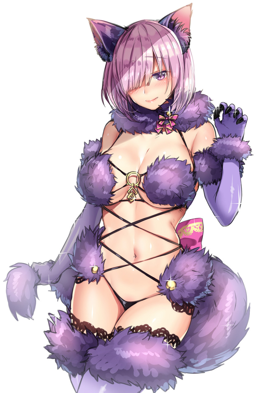 animal_ears banned_artist black_panties breasts closed_mouth dangerous_beast elbow_gloves fate/grand_order fate_(series) fur_collar fur_trim gloves hair_over_one_eye highres large_breasts looking_at_viewer mash_kyrielight navel o-ring o-ring_top panties purple_eyes purple_gloves purple_hair purple_legwear revealing_clothes short_hair simple_background solo sparkle tail thighhighs tsukiriran underwear white_background wolf_ears wolf_tail