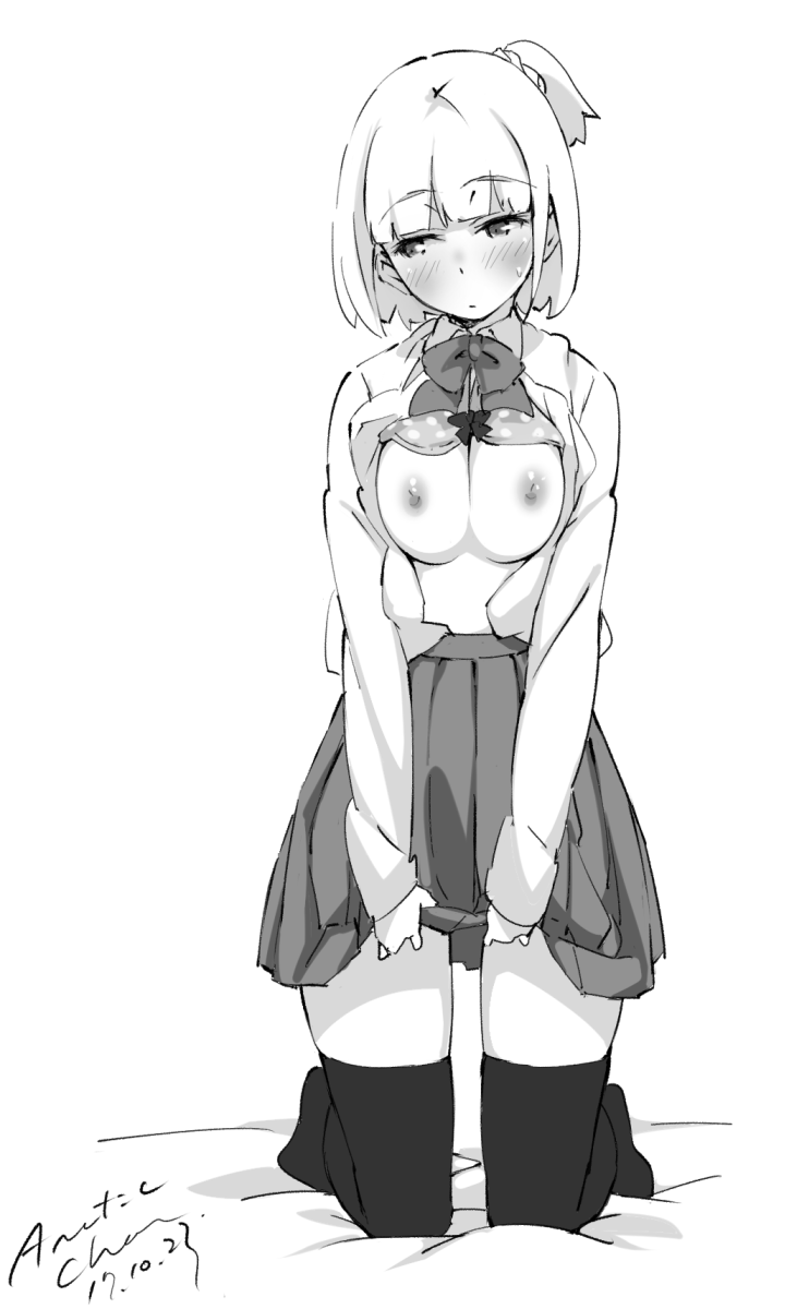 artist_name bangs blush bow bowtie bra bra_lift breasts collared_shirt dated embarrassed full_body greyscale highres kneeling large_breasts looking_away miniskirt monochrome nipples one_side_up open_clothes open_shirt original shirt simple_background skirt solo tabata_hisayuki thighhighs underwear white_background wing_collar