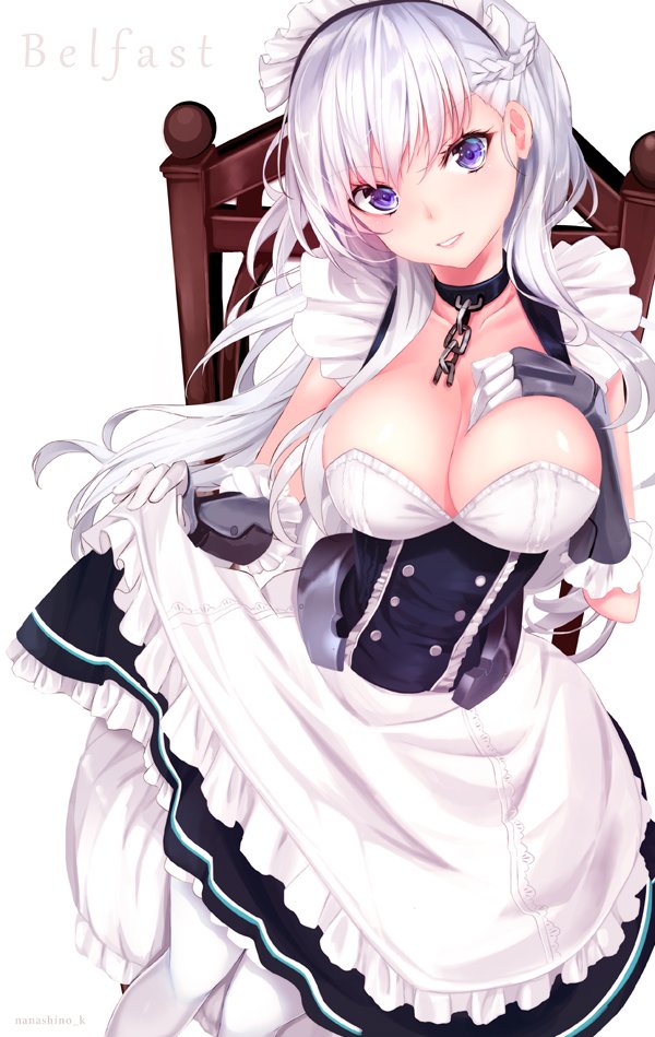 artist_name azur_lane bangs belfast_(azur_lane) black_gloves blue_eyes breasts character_name cleavage collar commentary_request corset dress eyebrows_visible_through_hair frills gauntlets gloves half_updo hand_on_own_chest haruka_natsuki head_tilt large_breasts long_hair looking_at_viewer maid_headdress open_mouth signature silver_hair skirt skirt_hold sleeveless solo white_skirt