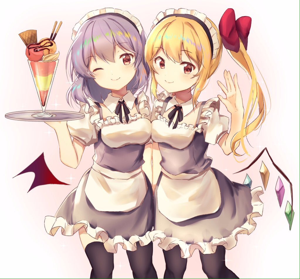 alternate_costume apron bangs bat_wings black_legwear blonde_hair blue_dress blush breasts cowboy_shot detached_collar dress enmaided eyebrows_visible_through_hair flandre_scarlet food frilled_dress frills hair_between_eyes hand_up ice_cream lavender_hair layered_dress looking_at_viewer maid maid_apron maid_headdress multiple_girls nenobi_(nenorium) one_eye_closed pantyhose pink_background puffy_short_sleeves puffy_sleeves red_eyes remilia_scarlet short_dress short_hair short_sleeves side_ponytail sidelocks small_breasts smile thighhighs touhou tray waist_apron white_background white_dress wings zettai_ryouiki