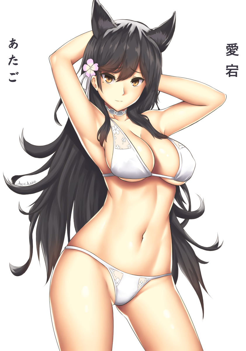 animal_ears arciealbano armpits arms_behind_head arms_up artist_name atago_(azur_lane) azur_lane bangs bikini black_hair blush breasts brown_eyes choker cleavage closed_mouth contrapposto cowboy_shot extra_ears eyebrows_visible_through_hair flower hair_flower hair_ornament highres large_breasts legs_apart long_hair looking_at_viewer mole mole_under_eye navel partially_visible_vulva simple_background smile solo standing stomach swept_bangs swimsuit translated tsurime very_long_hair white_background white_bikini white_neckwear