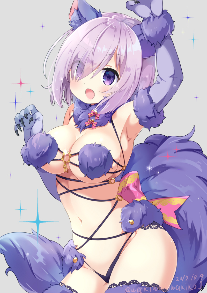animal_ears arm_up black_panties breasts commentary_request cowboy_shot dangerous_beast dated elbow_gloves fate/grand_order fate_(series) fur_collar fur_trim gloves hair_over_one_eye halloween_costume large_breasts looking_at_viewer mash_kyrielight navel neki_(wakiko) o-ring o-ring_top open_mouth panties purple_eyes purple_gloves purple_hair revealing_clothes short_hair smile solo tail thighhighs twitter_username underwear wolf_ears wolf_tail