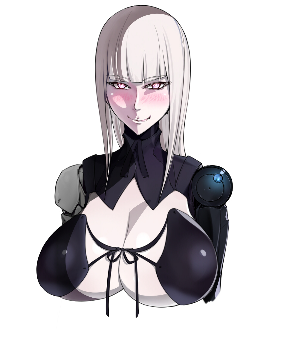 bangs blame! blunt_bangs breasts cibo cyborg highres huge_breasts long_hair looking_at_viewer pale_skin robot_joints shoujo_donburi silver_hair simple_background smile white_background