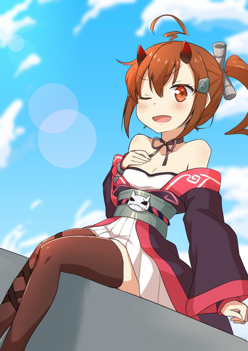 ;d ahoge alternate_hairstyle azur_lane black_legwear blush breasts brown_eyes brown_hair cloud collarbone cosplay day fang hair_ornament hairclip hand_on_own_chest highres horns ikazuchi_(azur_lane) ikazuchi_(azur_lane)_(cosplay) ikazuchi_(kantai_collection) kantai_collection looking_at_viewer mitsudomoe_(shape) miyabi_(miyabeeya) namesake nontraditional_miko one_eye_closed open_mouth ponytail sitting sky small_breasts smile solo thighhighs tomoe_(symbol) v-shaped_eyebrows