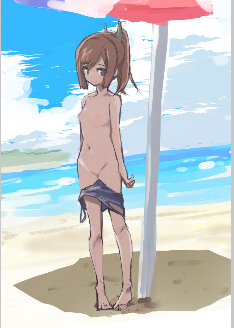 1girl barefoot beach beach_umbrella blue_swimsuit blush breasts brown_eyes brown_hair caburi_aki cloud exhibitionism feet female full_body hair_ornament high_ponytail i-401_(kantai_collection) kantai_collection looking_to_the_side navel nipples ocean one-piece_swimsuit outdoors ponytail pussy school_swimsuit shadow sky small_breasts smile solo standing swimsuit swimsuit_pull toes uncensored water