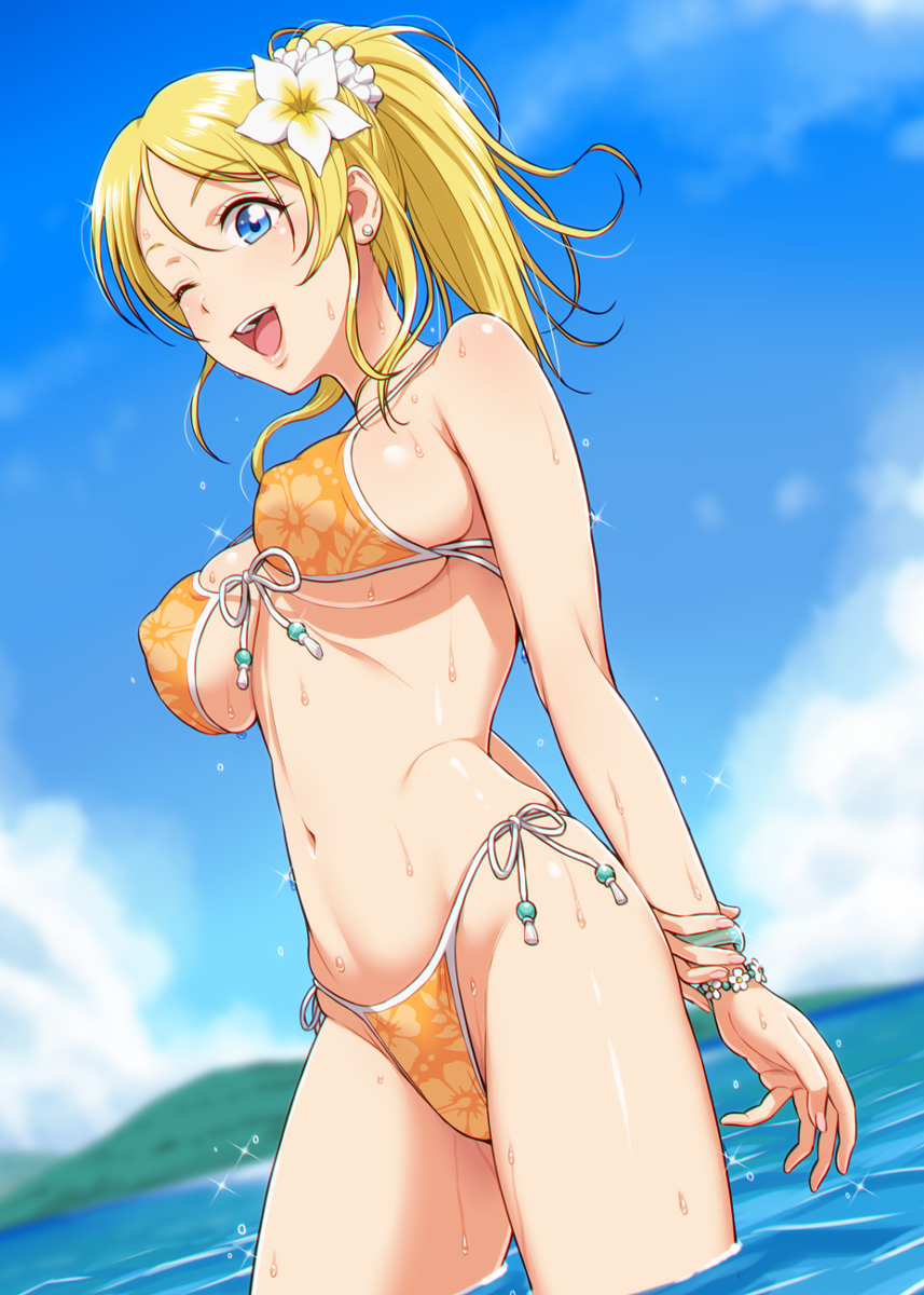 ;d arms_behind_back ayase_eli bikini blonde_hair blue_eyes blue_sky bracelet breasts cloud contrapposto covered_nipples cowboy_shot day dutch_angle earrings flower flower_bracelet front-tie_bikini front-tie_top hair_flower hair_ornament highres horizon jewelry large_breasts lips looking_at_viewer love_live! love_live!_school_idol_project medium_hair navel nigou one_eye_closed open_mouth orange_bikini outdoors ponytail side-tie_bikini sky smile solo sparkle standing strap_gap stud_earrings swimsuit wading wet