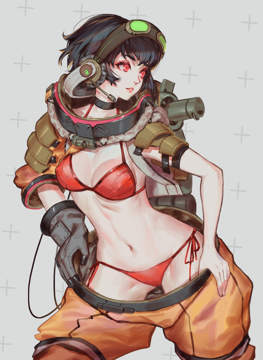 armor bikini black_gloves black_hair black_neckwear breasts choker cowboy_shot gloves goggles goggles_on_head grey_background hazmat_suit headphones highres jacket large_breasts legs_apart looking_away looking_to_the_side microphone navel original parted_lips pink_lips red_bikini red_eyes saimon_ma short_hair single_glove solo standing swimsuit undressing