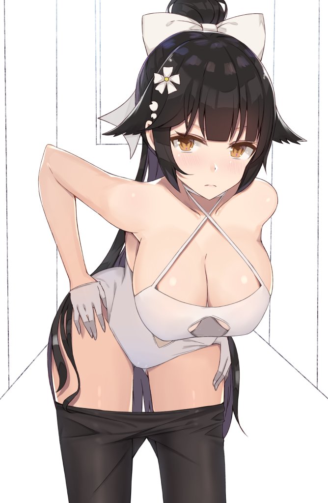 azur_lane bangs bare_shoulders black_hair blunt_bangs bow breasts brown_eyes cleavage cleavage_cutout collarbone expressionless flower gloves hair_bow hair_flower hair_ornament halterneck hands_on_hips hanging_breasts hips kanikou large_breasts leaning_forward long_hair navel_cutout pantyhose pantyhose_pull ponytail solo swimsuit takao_(azur_lane) thighs white_bow white_gloves white_swimsuit