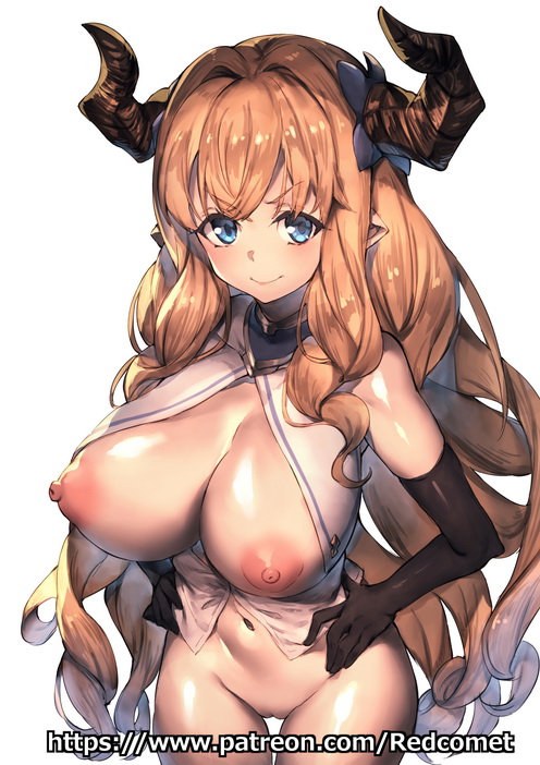 &gt;:) areolae artist_name black_gloves blue_eyes blush breasts breasts_outside brown_hair closed_mouth draph elbow_gloves eyebrows_visible_through_hair gloves granblue_fantasy hair_intakes hands_on_hips horns large_areolae large_breasts long_hair looking_at_viewer md5_mismatch navel nipples no_panties patreon_username pointy_ears puffy_nipples rastina redcomet shirt sleeveless sleeveless_shirt solo uncensored v-shaped_eyebrows very_long_hair watermark web_address white_background white_shirt