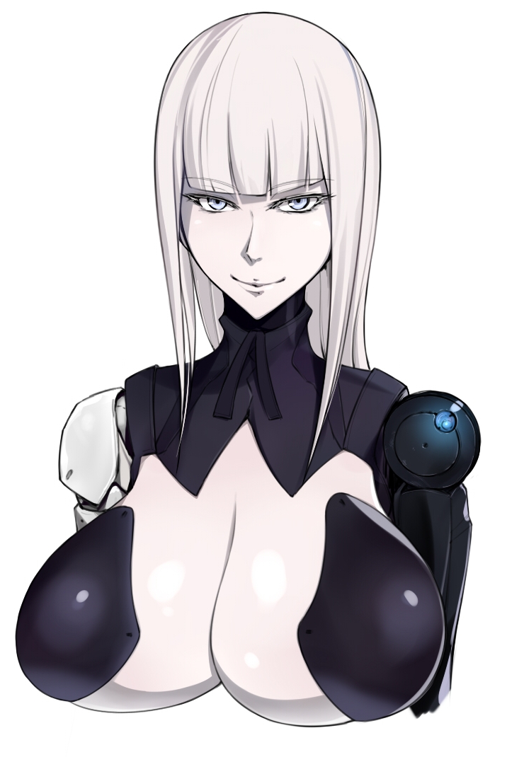 bangs blame! blue_eyes blunt_bangs breasts cibo cyborg huge_breasts long_hair looking_at_viewer pale_skin robot_joints shoujo_donburi silver_hair simple_background smile white_background