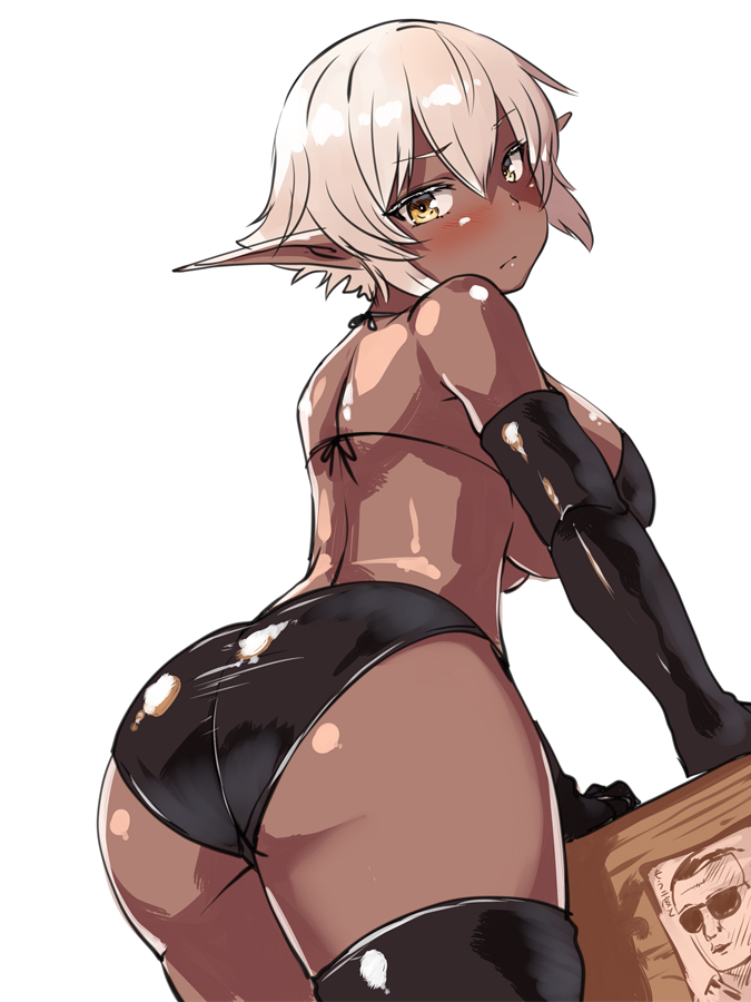 ass bangs black_bra black_legwear black_panties blush bra breasts closed_mouth commentary_request dark_elf dark_skin de-chan_(lolicept) elf eyebrows_visible_through_hair from_behind grey_hair large_breasts leaning_forward lolicept md5_mismatch original panties pointy_ears short_hair simple_background solo standing thighhighs underwear white_background yellow_eyes