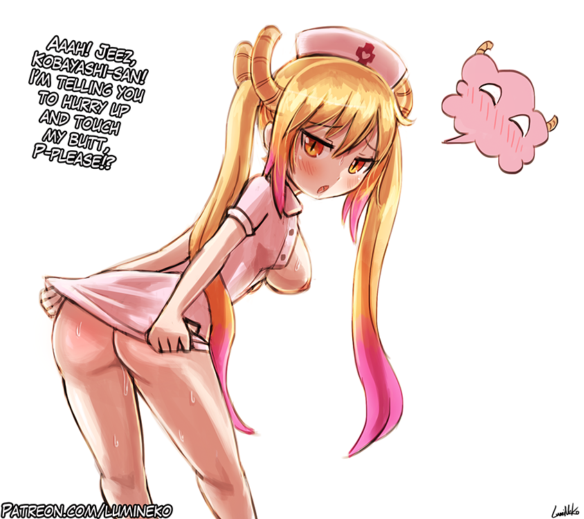 ass blush breasts kobayashi-san_chi_no_maidragon large_breasts looking_at_viewer looking_back lumineko nipples nurse nurse_cap sweat tooru_(maidragon) twintails